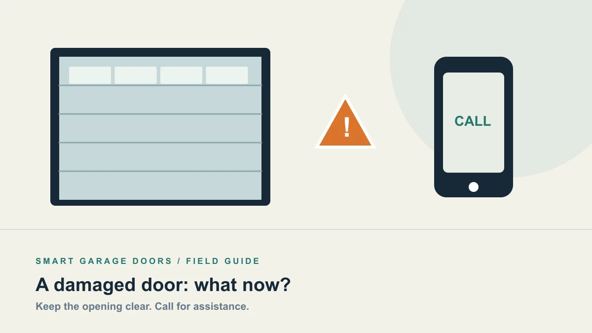 Illustration of a garage door, warning symbol and phone call screen