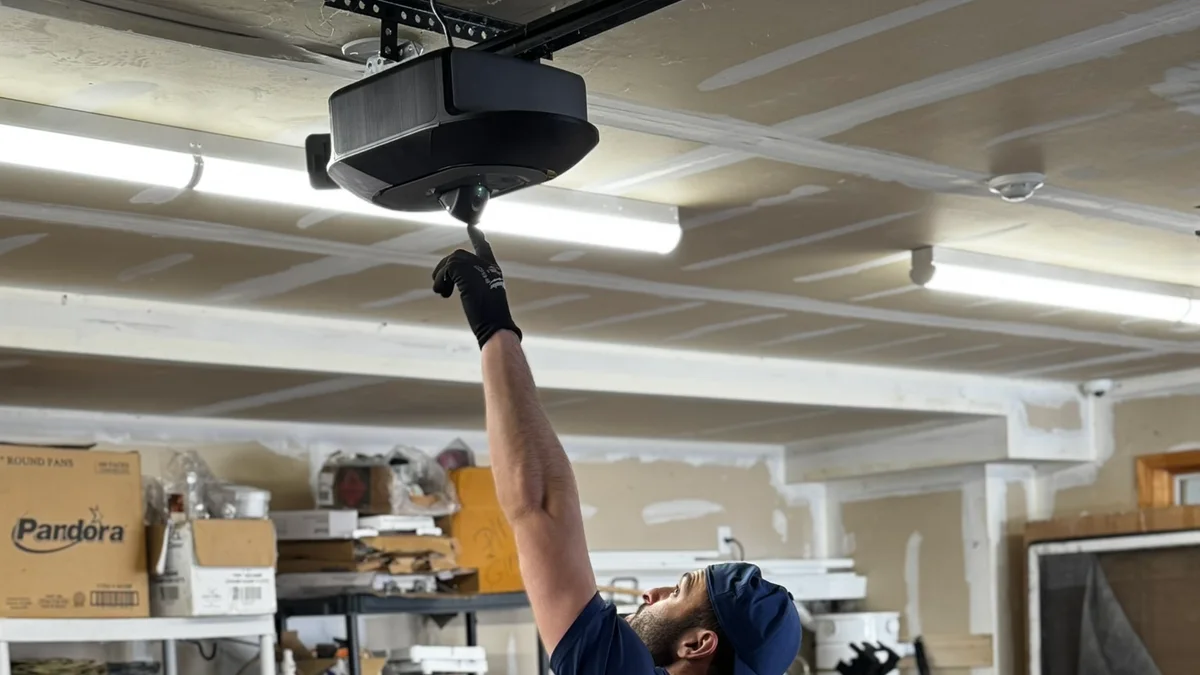Technician reaching toward an overhead garage door opener