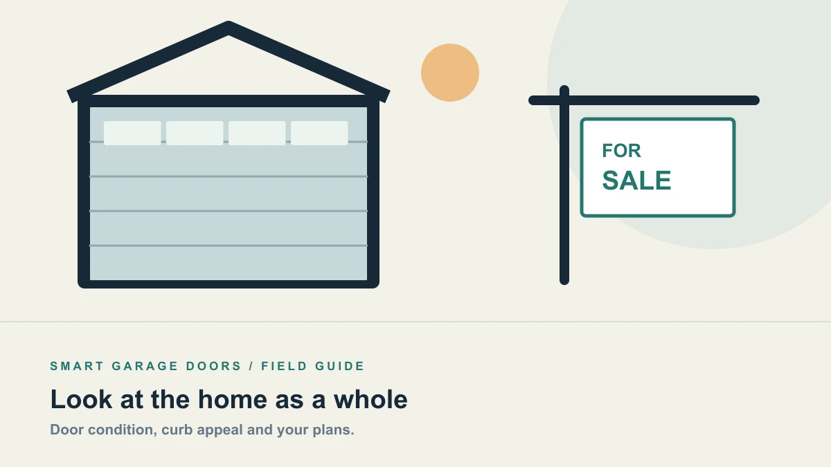 Illustration of a house and garage beside a for-sale sign